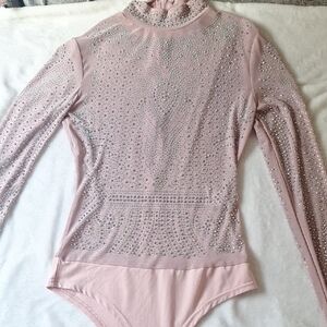 Women's Pink Embellished Long-Sleeve Bodysuit